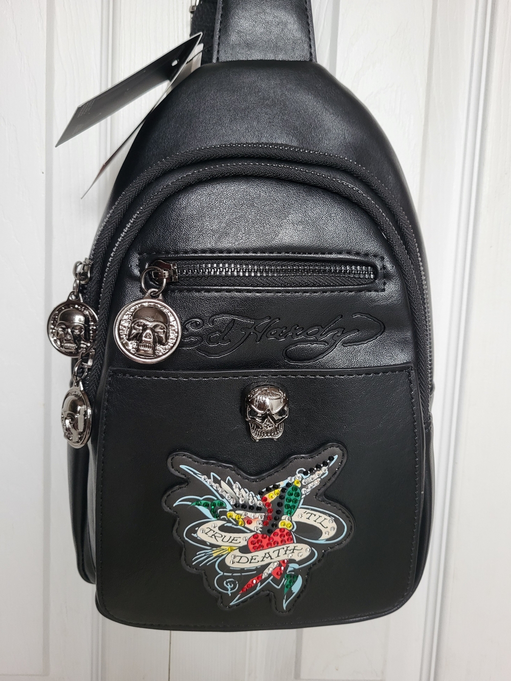 Ed Hardy Black Crossbody Sling Bag Backpack True Love Till Death Skull Eagle